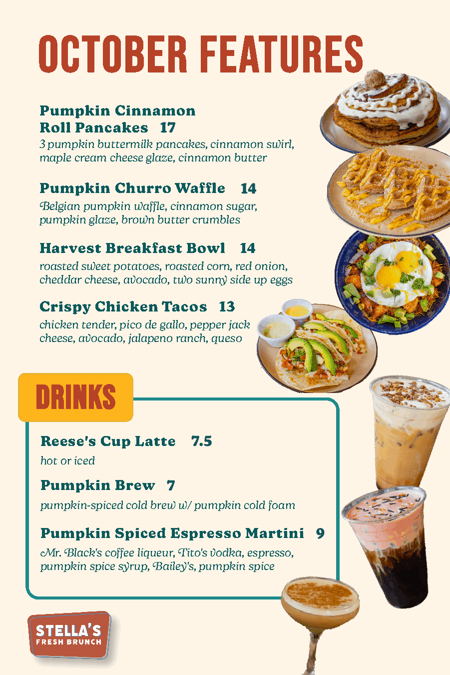 October feature menu with pumpkin pancakes, a pumpkin waffle, a harvest bowl, crispy chicken tacos, and three seasonal drinks